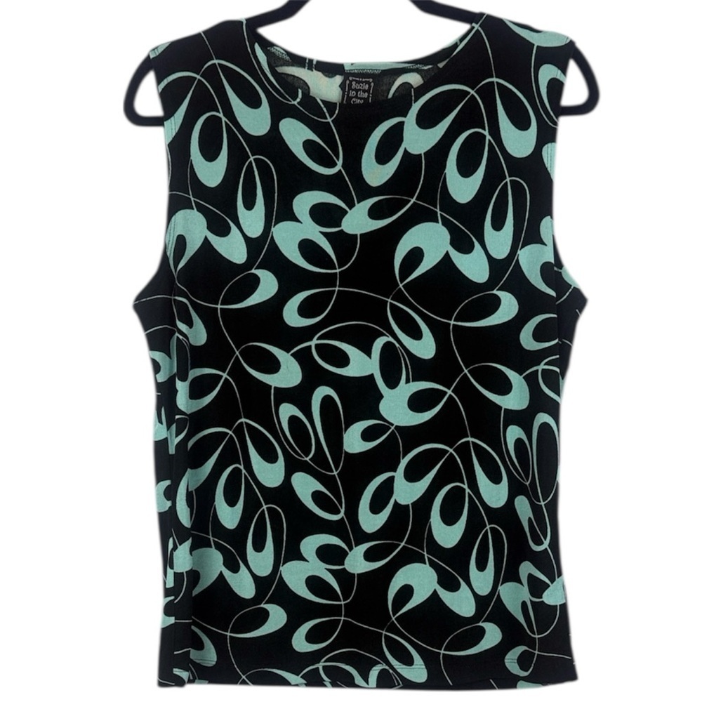 Suzie In The City Black Teal Abstract Geometric Stretchy Sleeveless Large Top